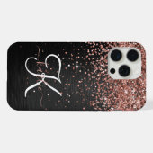 Aangepast Roos Gold Glitter Black Sparkle Monogram iPhone Hoesje (Achterkant horizontaal)