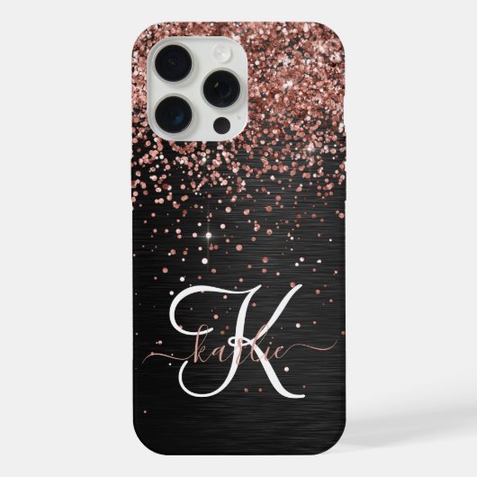 Aangepast Roos Gold Glitter Black Sparkle Monogram iPhone Hoesje (Achterkant)