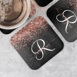 Aangepast Roos Gold Glitter Black Sparkle Monogram Kartonnen Onderzetters