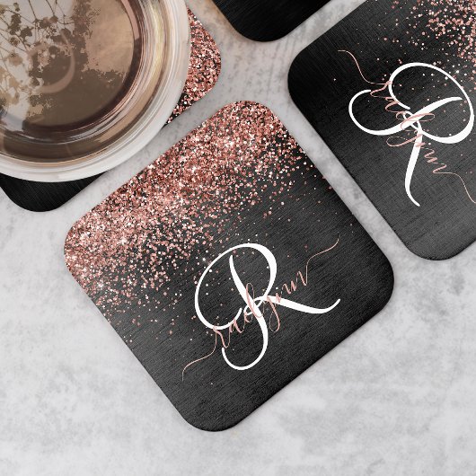 Aangepast Roos Gold Glitter Black Sparkle Monogram Kartonnen Onderzetters