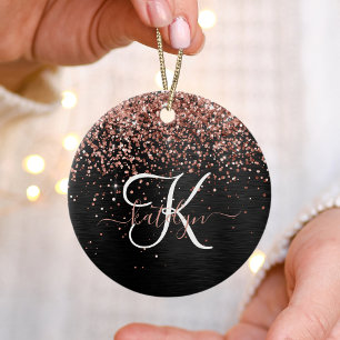 Aangepast Roos Gold Glitter Black Sparkle Monogram Keramisch Ornament