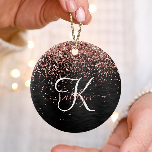Aangepast Roos Gold Glitter Black Sparkle Monogram Keramisch Ornament