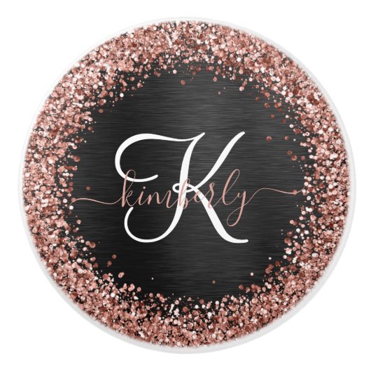 Aangepast Roos Gold Glitter Black Sparkle Monogram Keramische Knop (Voorkant)