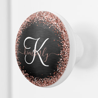 Aangepast Roos Gold Glitter Black Sparkle Monogram Keramische Knop