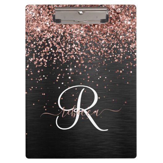 Aangepast Roos Gold Glitter Black Sparkle Monogram Klembord (Voorkant)