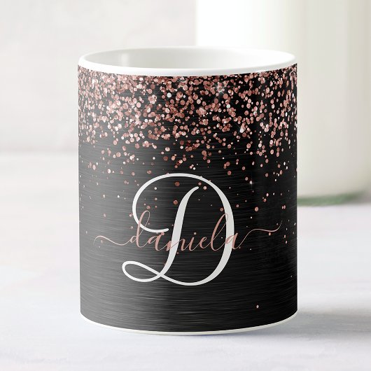 Aangepast Roos Gold Glitter Black Sparkle Monogram Koffiemok