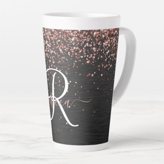 Aangepast Roos Gold Glitter Black Sparkle Monogram Latte Mok (Rechterhoek)