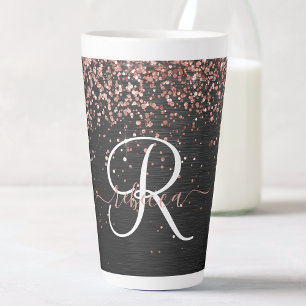 Aangepast Roos Gold Glitter Black Sparkle Monogram Latte Mok