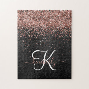 Aangepast Roos Gold Glitter Black Sparkle Monogram Legpuzzel