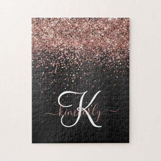 Aangepast Roos Gold Glitter Black Sparkle Monogram Legpuzzel (Verticaal)