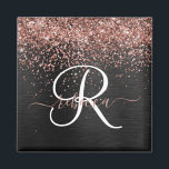 Aangepast Roos Gold Glitter Black Sparkle Monogram Magneet<br><div class="desc">Pas dit trendy elegante magneetontwerp met  roos gouden mousserende glitter op een zwarte geborstelde metalen achtergrond eenvoudig aan.</div>