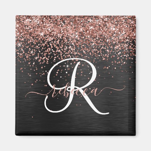 Aangepast Roos Gold Glitter Black Sparkle Monogram Magneet (Voorkant)