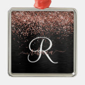 Aangepast Roos Gold Glitter Black Sparkle Monogram Metalen Ornament (Voorkant)