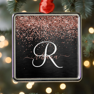 Aangepast Roos Gold Glitter Black Sparkle Monogram Metalen Ornament