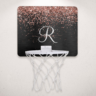 Aangepast Roos Gold Glitter Black Sparkle Monogram Mini Basketbalbord