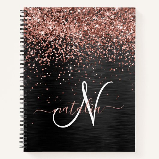 Aangepast Roos Gold Glitter Black Sparkle Monogram Notitieboek (Voorkant)