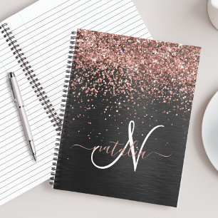 Aangepast Roos Gold Glitter Black Sparkle Monogram Notitieboek