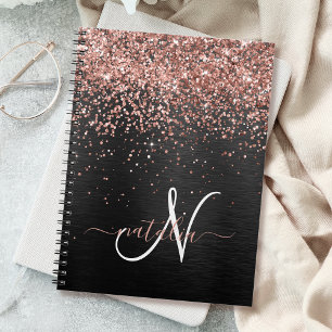 Aangepast Roos Gold Glitter Black Sparkle Monogram Notitieboek