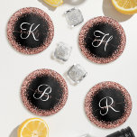 Aangepast Roos Gold Glitter Black Sparkle Monogram Onderzetter Set<br><div class="desc">Pas dit trendy elegante onderzetter-set eenvoudig aan met  roos gouden mousserende glitter op een zwarte geborstelde metalen achtergrond.</div>