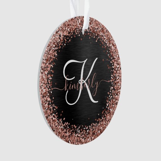 Aangepast Roos Gold Glitter Black Sparkle Monogram Ornament (voorkant)