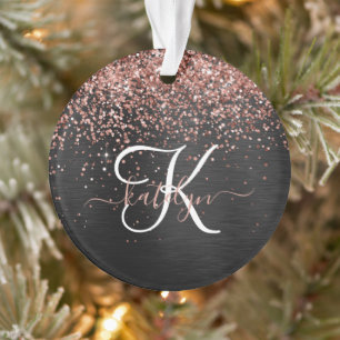Aangepast Roos Gold Glitter Black Sparkle Monogram Ornament
