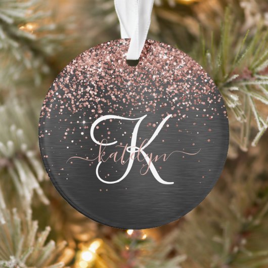 Aangepast Roos Gold Glitter Black Sparkle Monogram Ornament (Boom)