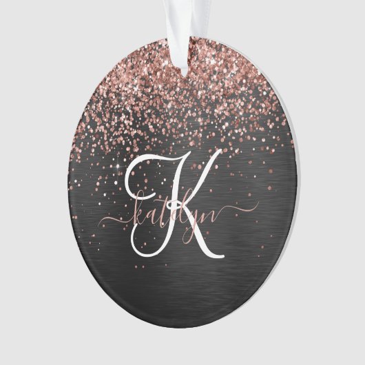 Aangepast Roos Gold Glitter Black Sparkle Monogram Ornament (voorkant)