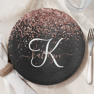 Aangepast Roos Gold Glitter Black Sparkle Monogram Papieren Bordje