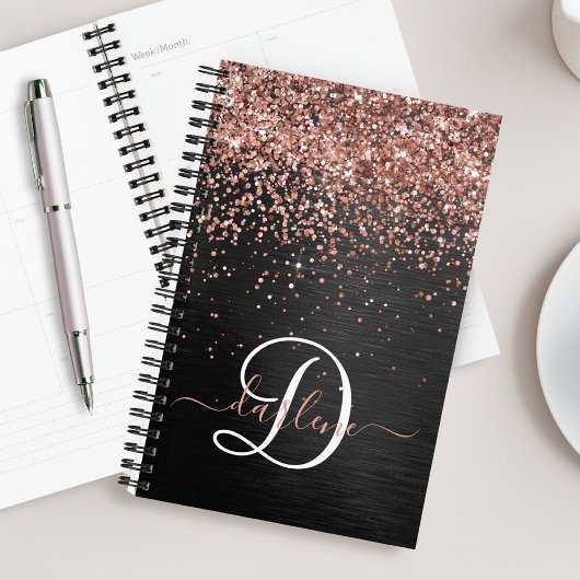Aangepast Roos Gold Glitter Black Sparkle Monogram Planner