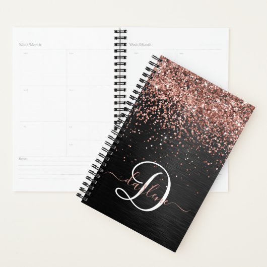 Aangepast Roos Gold Glitter Black Sparkle Monogram Planner (Display)