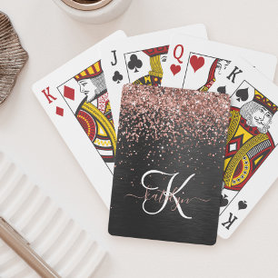Aangepast Roos Gold Glitter Black Sparkle Monogram Pokerkaarten