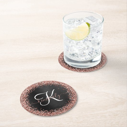 Aangepast Roos Gold Glitter Black Sparkle Monogram Ronde Kartonnen Onderzetter (Insitu)