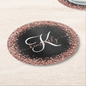 Aangepast Roos Gold Glitter Black Sparkle Monogram Ronde Kartonnen Onderzetter (Gebogen)