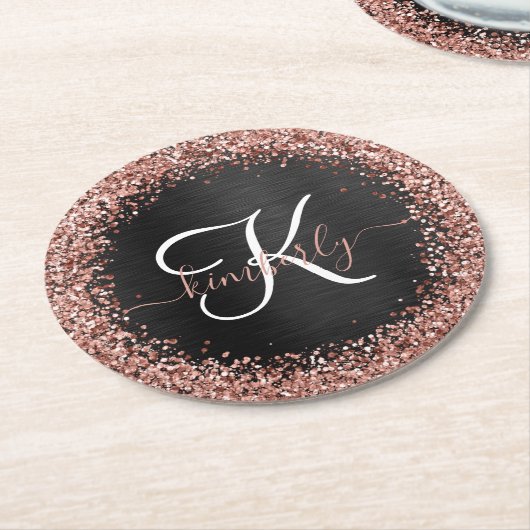 Aangepast Roos Gold Glitter Black Sparkle Monogram Ronde Kartonnen Onderzetter (Gebogen)