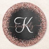 Aangepast Roos Gold Glitter Black Sparkle Monogram Ronde Kartonnen Onderzetter (Voorkant)