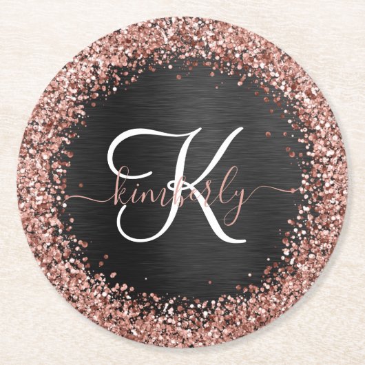 Aangepast Roos Gold Glitter Black Sparkle Monogram Ronde Kartonnen Onderzetter (Voorkant)