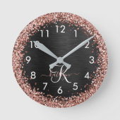Aangepast Roos Gold Glitter Black Sparkle Monogram Ronde Klok (Voorkant)