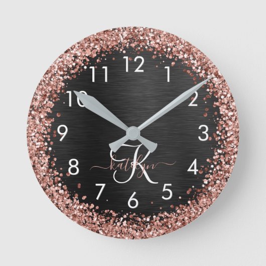 Aangepast Roos Gold Glitter Black Sparkle Monogram Ronde Klok (Voorkant)