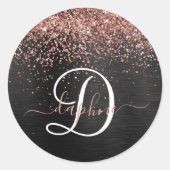 Aangepast Roos Gold Glitter Black Sparkle Monogram Ronde Sticker (Voorkant)