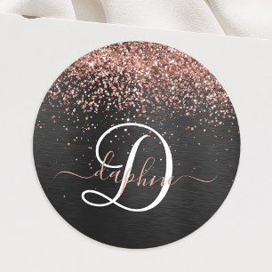 Aangepast Roos Gold Glitter Black Sparkle Monogram Ronde Sticker