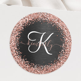 Aangepast Roos Gold Glitter Black Sparkle Monogram Ronde Sticker