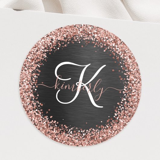 Aangepast Roos Gold Glitter Black Sparkle Monogram Ronde Sticker