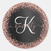 Aangepast Roos Gold Glitter Black Sparkle Monogram Ronde Sticker (Voorkant)
