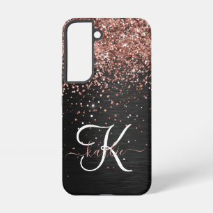 Aangepast Roos Gold Glitter Black Sparkle Monogram Samsung Galaxy Hoesje