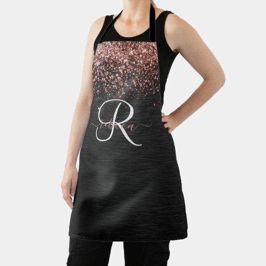 Aangepast Roos Gold Glitter Black Sparkle Monogram Schort (Insitu)