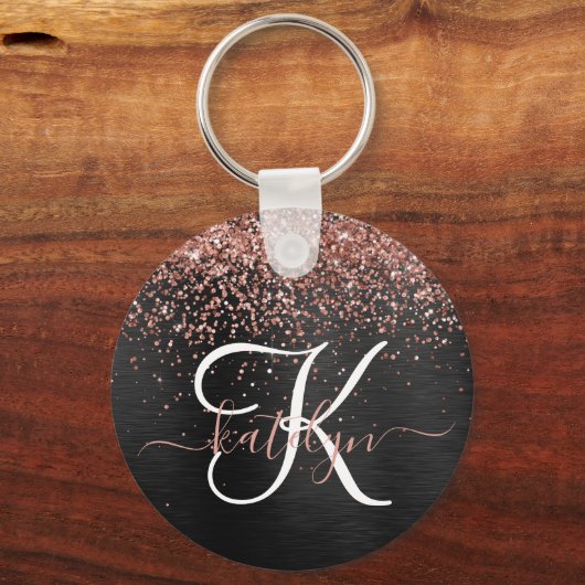 Aangepast Roos Gold Glitter Black Sparkle Monogram Sleutelhanger (Voorkant)