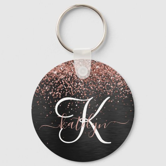 Aangepast Roos Gold Glitter Black Sparkle Monogram Sleutelhanger (Achterkant)