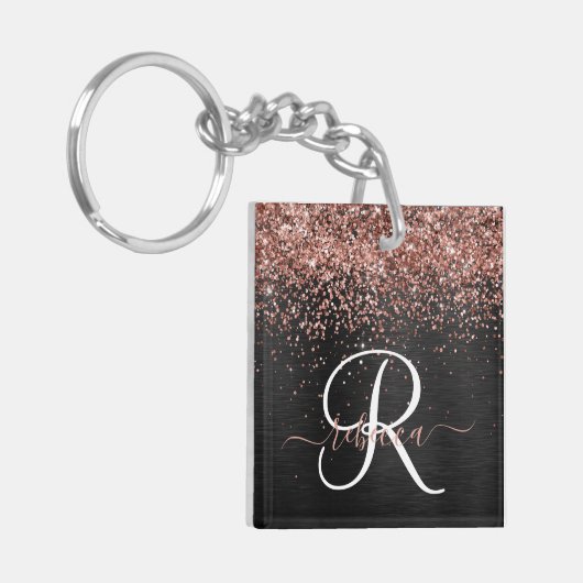 Aangepast Roos Gold Glitter Black Sparkle Monogram Sleutelhanger (Voorkant Links)