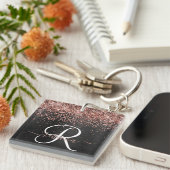 Aangepast Roos Gold Glitter Black Sparkle Monogram Sleutelhanger (Voorkant Rechts)