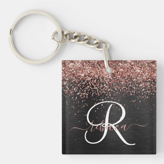Aangepast Roos Gold Glitter Black Sparkle Monogram Sleutelhanger (Voorkant)